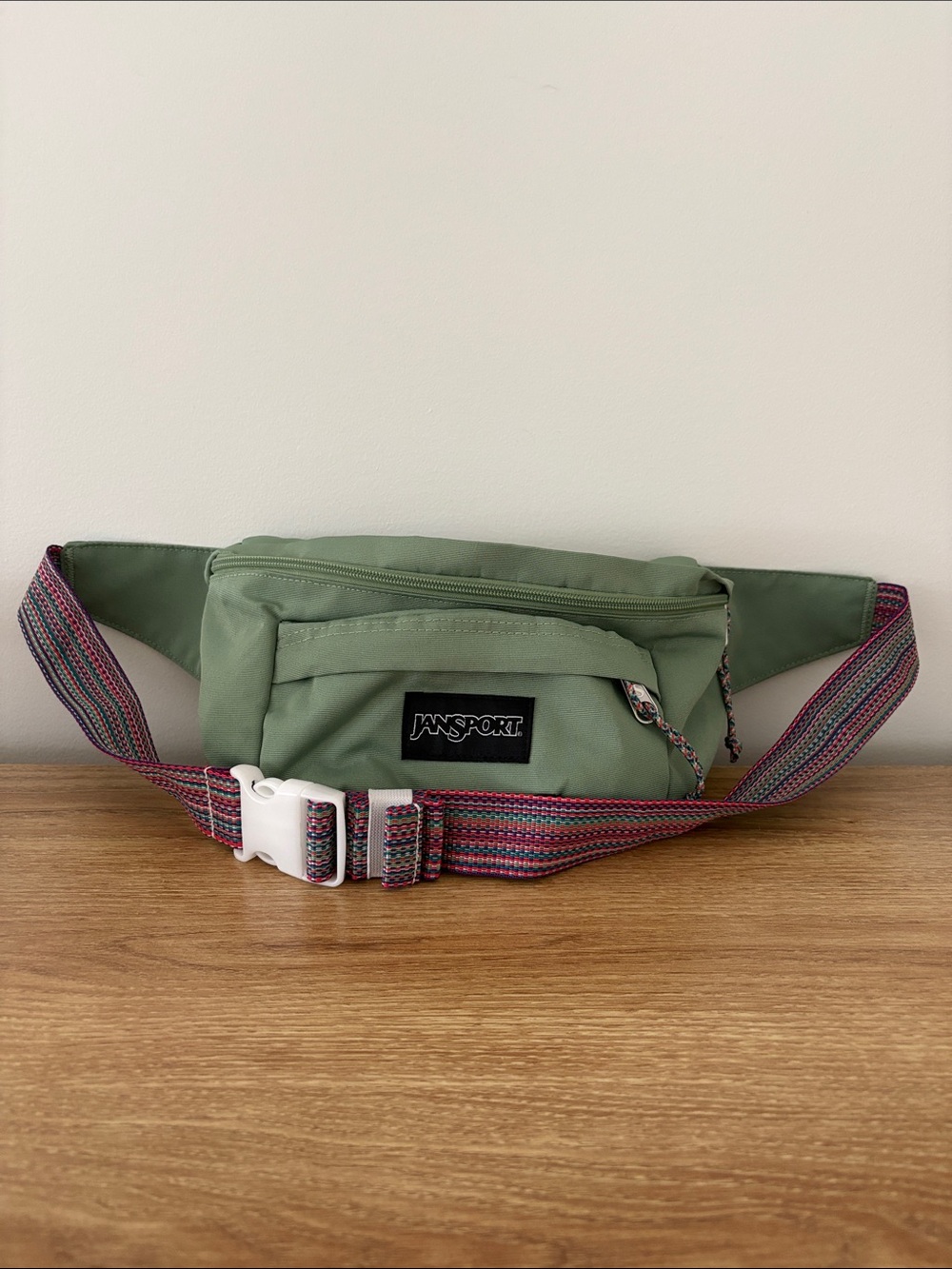 Jansport Sage Green Waist Pack with Multicolor Woven Strap